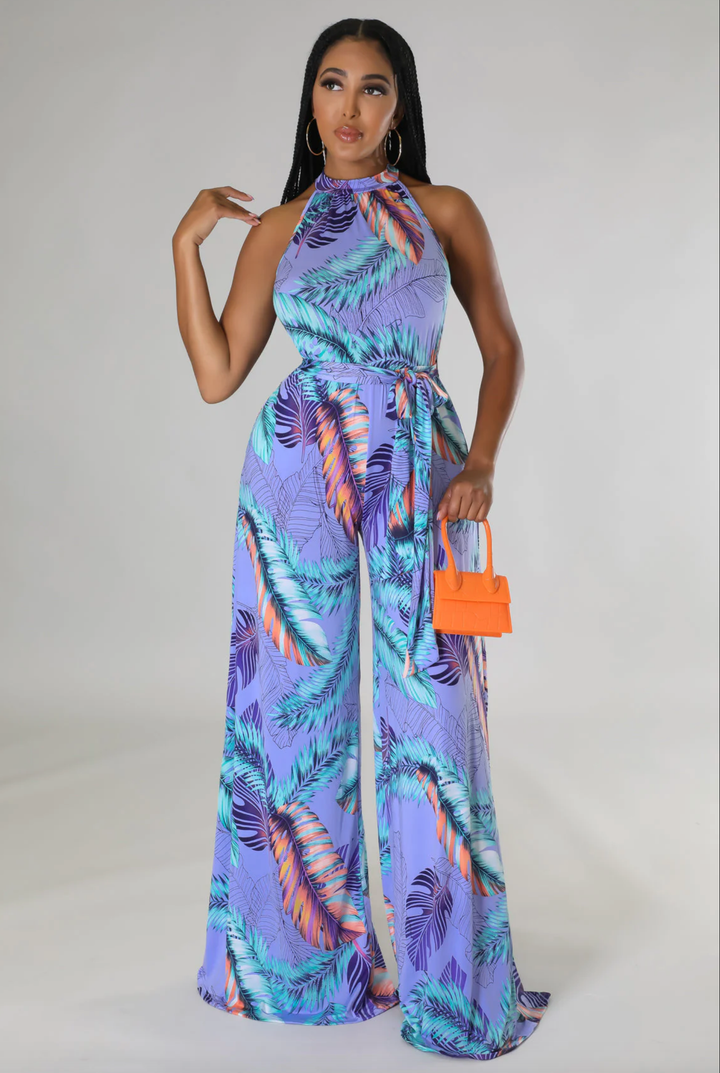 Edena Venechia Print Halter Neck Sleeveless Wide Leg  Jumpsuit - NUMARU