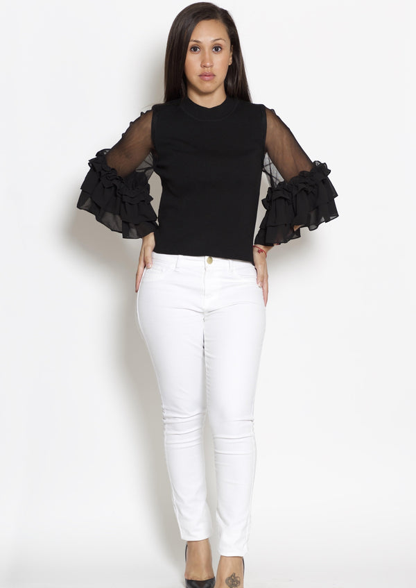 Bell Sleeve Tops | Reema Turtle Neck Three Quarter Bell Sleeves with Ruffles Top By: NUMARU